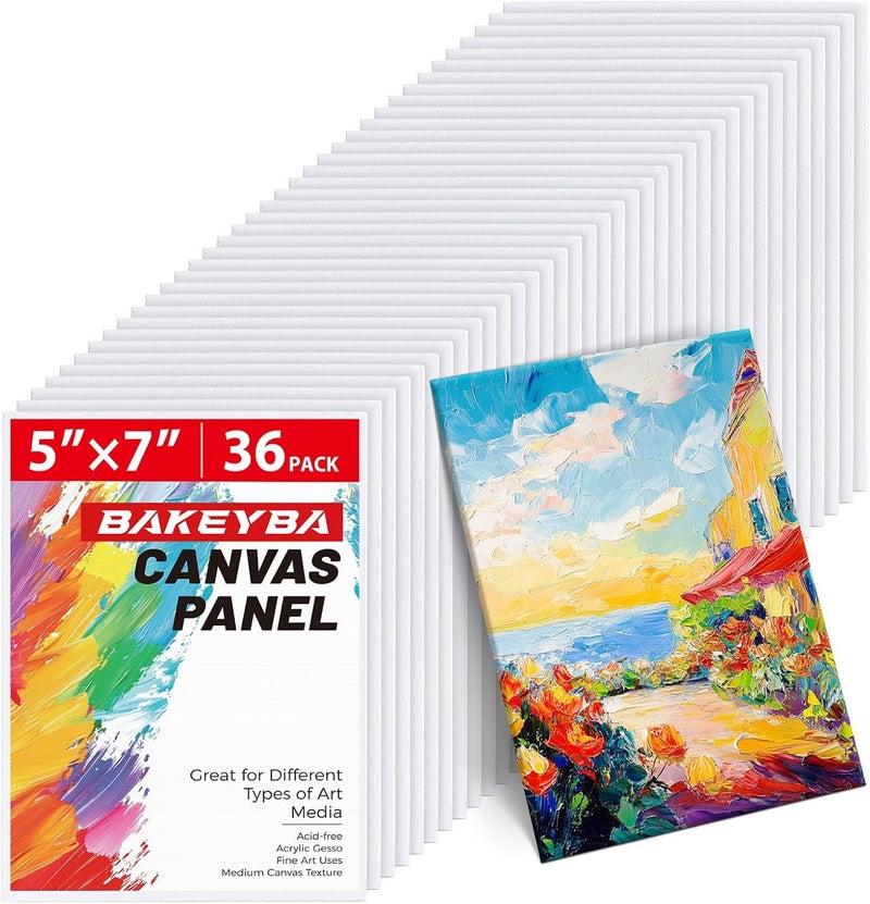 BAKEYBA Canvas Boards for Painting 36 Pack, 5x7 Inch Painting Canvas Panels, 100% Cotton White Blank Art Supplies for Acrylics Oil Watercolor Tempera Paints - Image 1